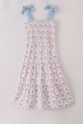 Blue floral bow print smocked dress