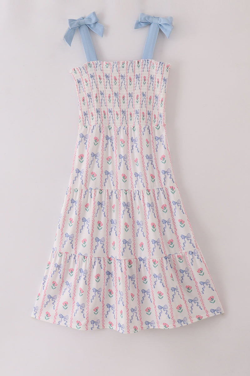 Blue floral bow print smocked dress