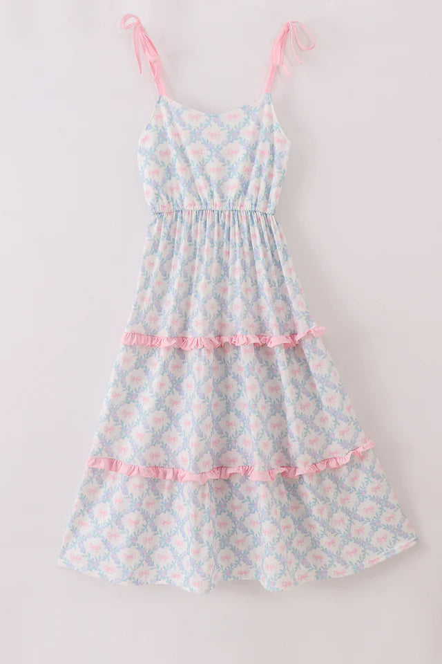 Pink Bow Print Ruffle Dress