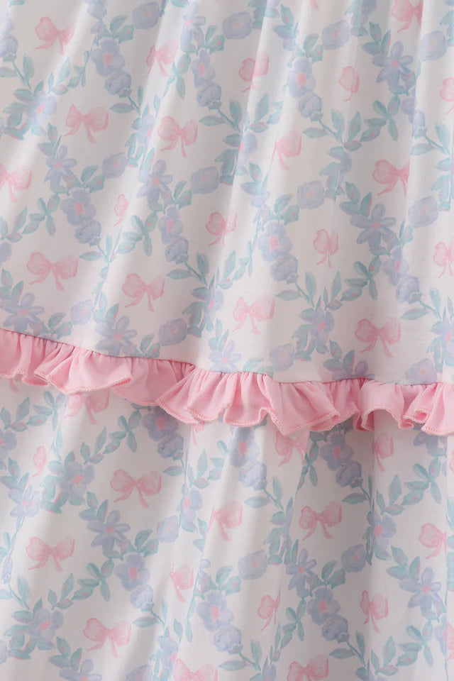 Pink Bow Print Ruffle Dress
