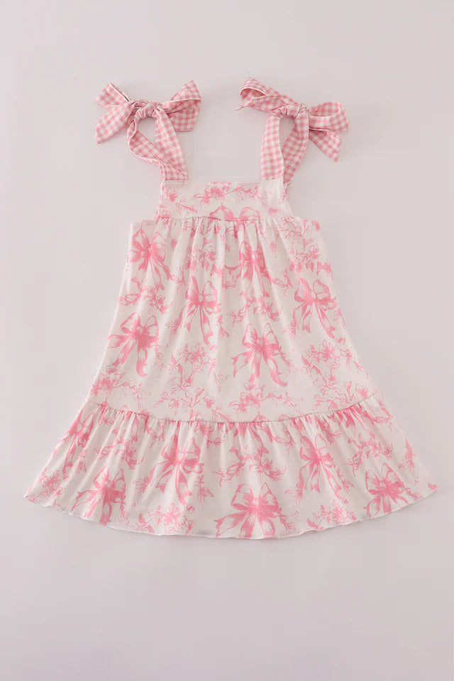 Pink Bow Print Ruffle Dress