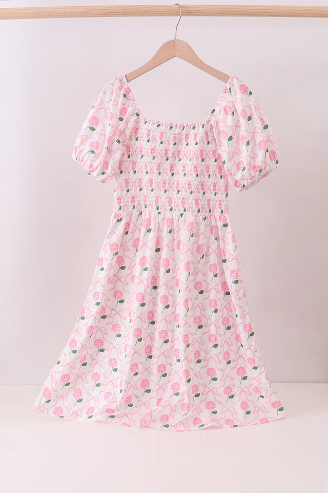 Pink Bow Hydrangea Smocked Dress