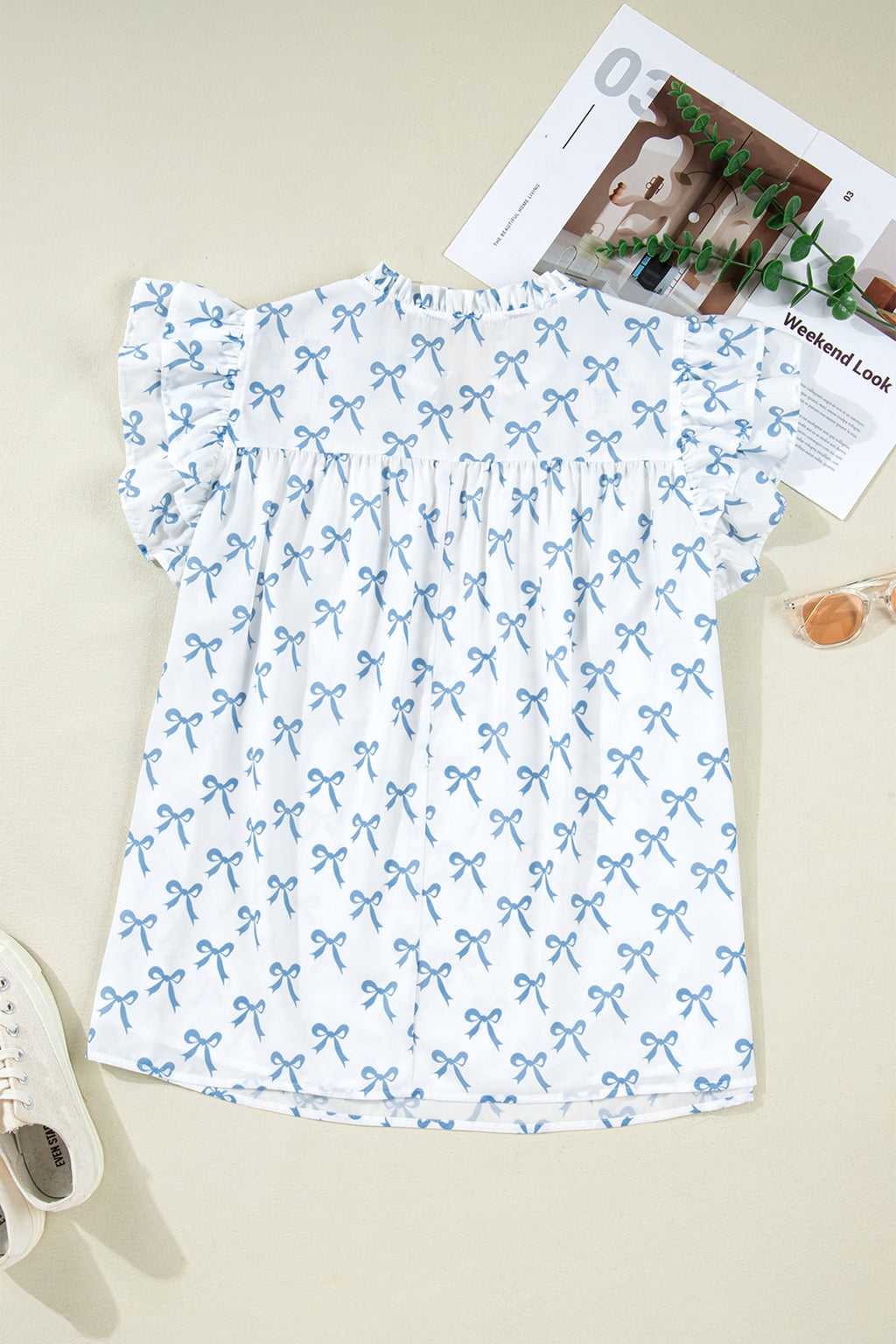 Sky Blue Ruffled Short Sleeve Plus Size Bow Top