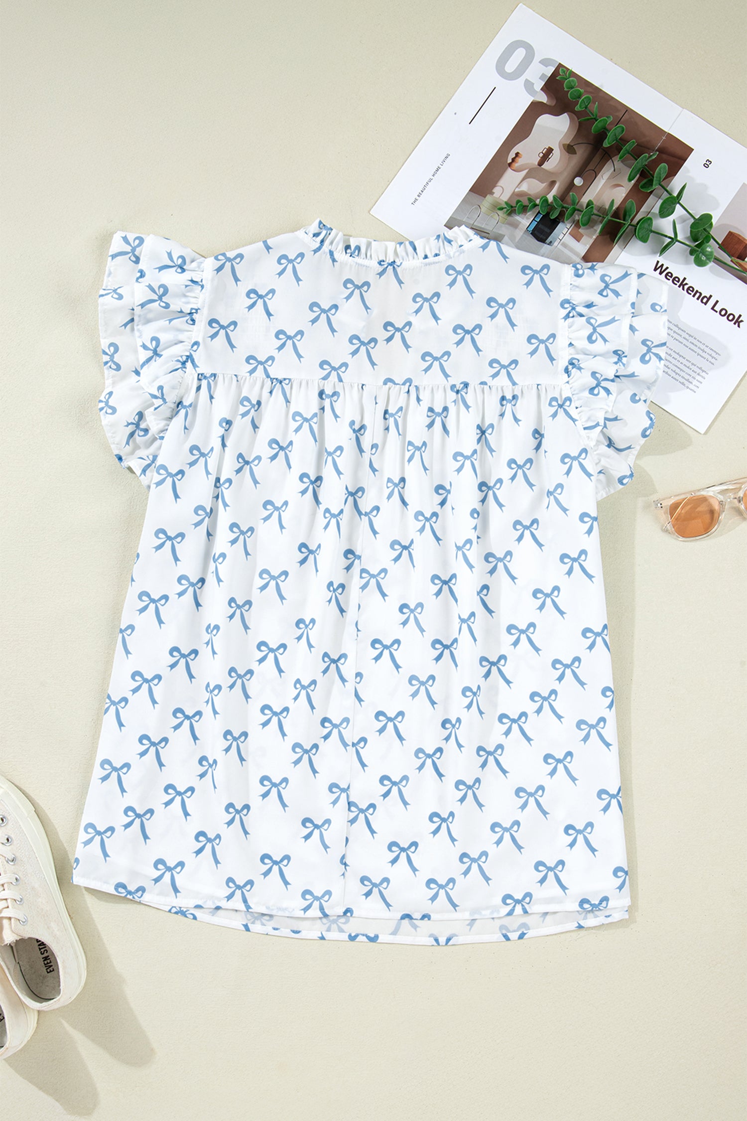 Sky Blue Ruffled Short Sleeve Plus Size Bow Top