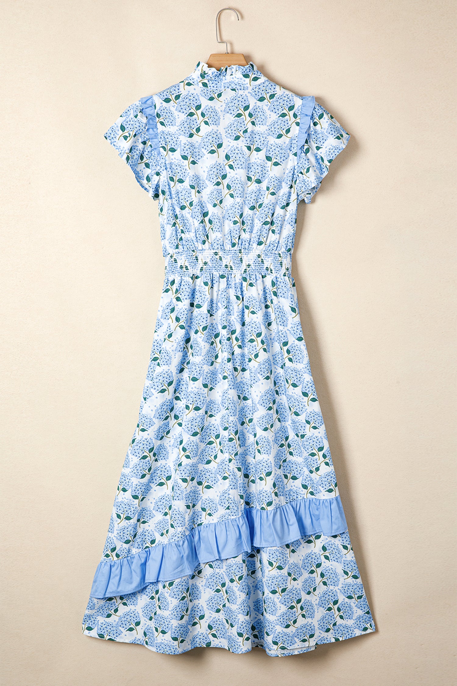Sky Blue Hydrangea Floral Print Ruffle Trim Flutter Sleeve Long Dress