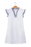 White Contrasted Striped Patchwork Split Neck Ruffle Trim Sleeveless Dress